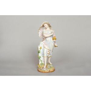 Allegory "woman With Oil Lamp", Polychrome Biscuit, Limoges, Gibus Et Redon, 19th Century