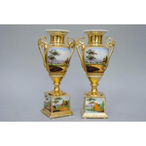Pair Of Ovoid Vases On Square Bases, Brussels Porcelain, 19th Century