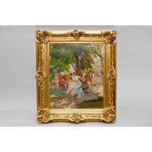Oil On Canvas, “courtly Love” By Alonso-perez (1881-1914)