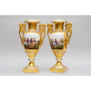 Large Pair Of Egg-shaped Vases "animated Seascape Views" And Gold, Paris Porcelain 19th Century