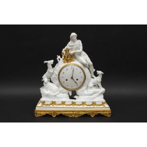 Large White Bisque Clock "orpheus Charming The Animals", Paris 19th Cent