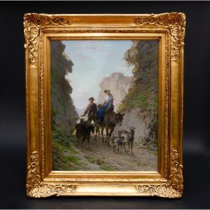 “shepherds On A Walk”, Oil On Panel Dated 1902, Plumot André (antwerp 1829-1906)