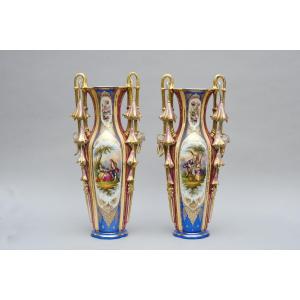 Large Pair Of Limoges Porcelain Vases With Flowers, 19th Century
