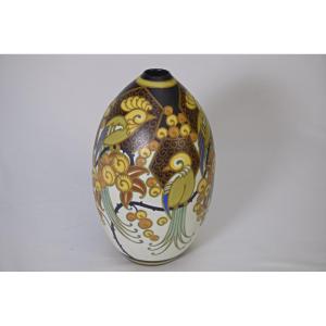 Keramis Art Deco Porcelain Vase Signed Jan Wind "birds Of Paradise"