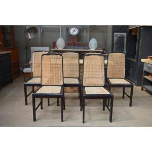 Set Of 6 Vintage Caned Chairs In Black Lacquered Wood, Original 1970