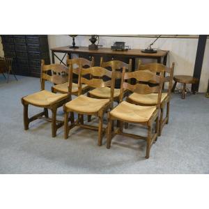 Set Of 6 Solid Oak Chairs In The Style Of Guillerme And Chambron, 1950s