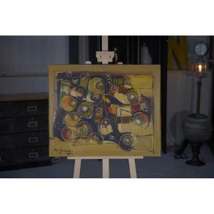 Painting On Canvas Abstract Art Signed Boussy 1977