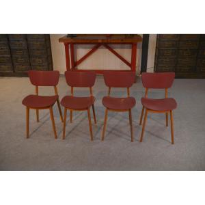 Set Of 4 Designer Chairs In Oak And Burgundy Leatherette, 1960s