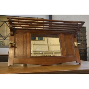 Solid Oak Coat Rack And 2 Brass Hooks, Art Deco 1930s