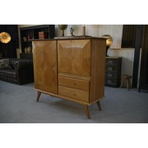 Oak Secretary Sideboard With A Leather Top And Compass Legs, 1960s