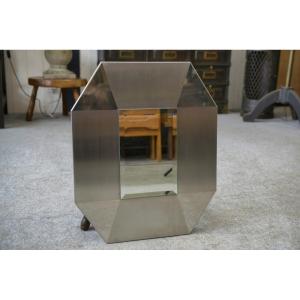 Designer Mirror In Brushed And Chrome-plated Stainless Steel, Beveled Glass, 1970s