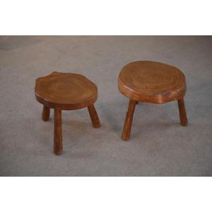 Pair Of Brutalist Stools In Solid Elm, 1950s