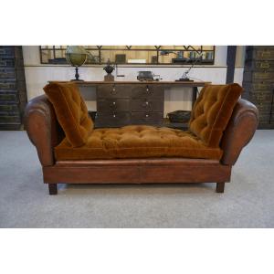 1920s Convertible Leather Club Bench With Velvet Seats