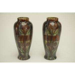 Pair Of Slip Vases From The Early 20th Century, Stamped Belgium 158 