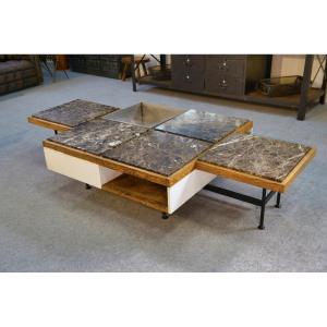 Coffee Table With Steel Base And Oak And Grey Marble Frame, 1970s