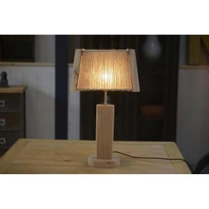Brutalist Lamp In Solid Elm And Oak With Rope Shade - 1980s