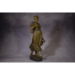 Terracotta Statue Of A Woman Carrying A Jar, Signed XXth Century