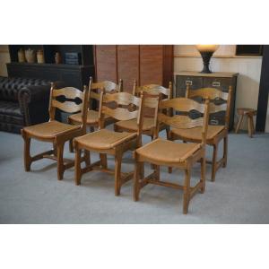 Set Of 6 Rush-seated Chairs In The Style Of Guillerme And Chambron, 1950s