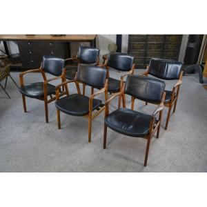 Set Of 6 Scandinavian Leather And Rosewood Armchairs By Gondo Gravesen 1960s