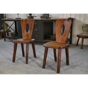 Pair Of Brutalist Chairs In Solid Elm By Aranjou 1960s