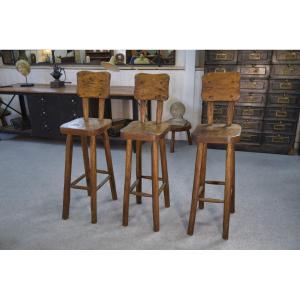 Set Of 3 Brutalist High Stools In Solid Elm, 1960s