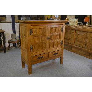 2-door, 2-drawer Wardrobe In Solid Oak And Wrought Iron, Rustic Style, 1960s