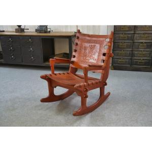 Armchair By Angel Pazmino In Wood And Red Leather 1960's