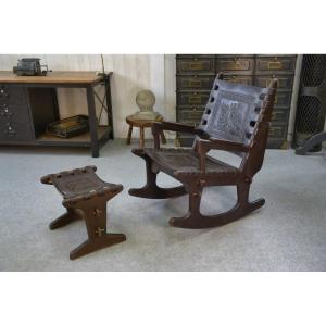 Armchair With Ottoman By Angel Pazmino In Wood And Brown Leather 1960's