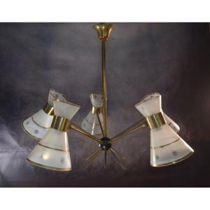 Diabolo Design Chandelier In Frosted And Chiseled Glass With Floral Decoration, 1950s