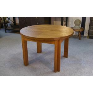 Round Solid Oak Table By Maison Regain 1970s