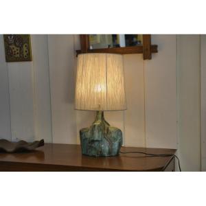 Signed Brutalist Ceramic Lamp With Linen Shade 1950s