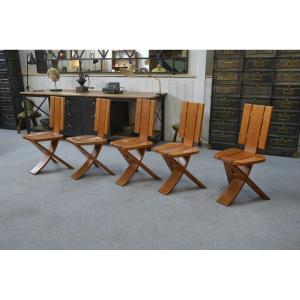 Set Of 5 Solid Oak Chairs By Seltz Manufacture 1970's
