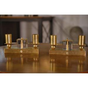 Pair Of Brass And Bohemian Crystal Wall Lights In The Style Of Jean Royère, 1940s