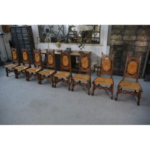 8 Rustic Oak Chairs By A Student Of Joseph Savina 1950's