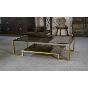 Designer Coffee Table With Brass Structure And Black Smoked Glass, 1970s