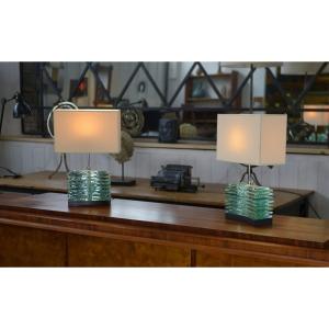 Pair Of Brutalist Lamps In Raw Glass And Beige Shades, 1960s