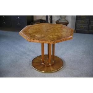 Octagonal Art Deco Elm Burl Table, 1940s