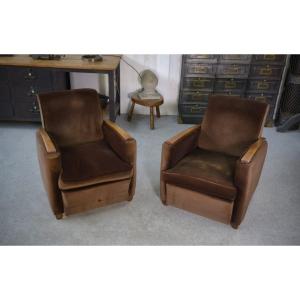 Pair Of Art Deco Velvet Club Chairs In The Style Of Jules Leleu, 1930s