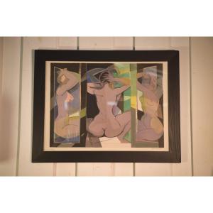 Painting/lithograph "three Nudes" By Camille Hilaire, Numbered Artist's Proof, 1940s