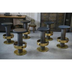 Set Of 6 Steel And Brass Stools, 1980s