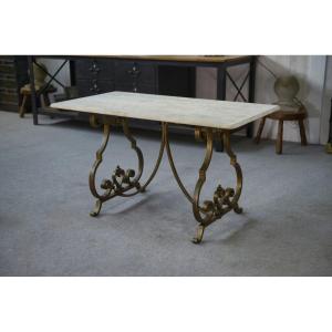 Side Table With A Wrought Iron Base Gilded With Gold Leaf, Attributed To Gilbert Poillerat