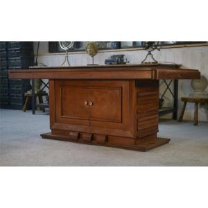 Solid Oak Table With Central Pedestal Base And Storage, Charles Dudouyt, 1950s