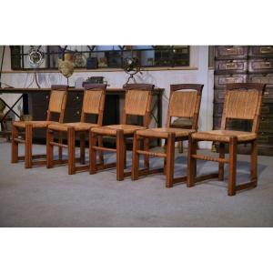 Set Of 5 Oak And Rush Chairs In The Style Of Charles Dudouyt, 1950s