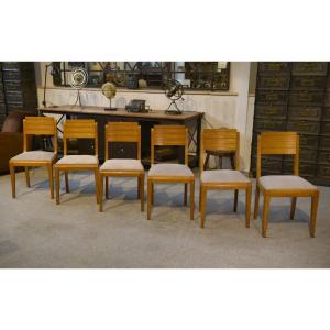 Set Of 6 Oak Chairs By Gaston Poisson, 1940s