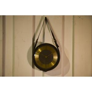 Black Leather And Brass Clock By Jacques Adnet, 1950s