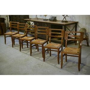 Set Of 6 Oak Chairs In The Style Of Pierre Cruège, 1940s