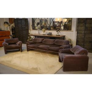 Maralunga 3-seater Sofa And Two Armchairs By Vico Magistretti For Cassina