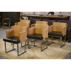 Set Of 6 Designer Oak And Leather Armchairs 1980's