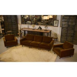 1960's Brown Velvet Sofa And 2 Armchairs Set