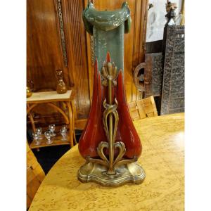 Large Art Nouveau Ceramic And Bronze Vase